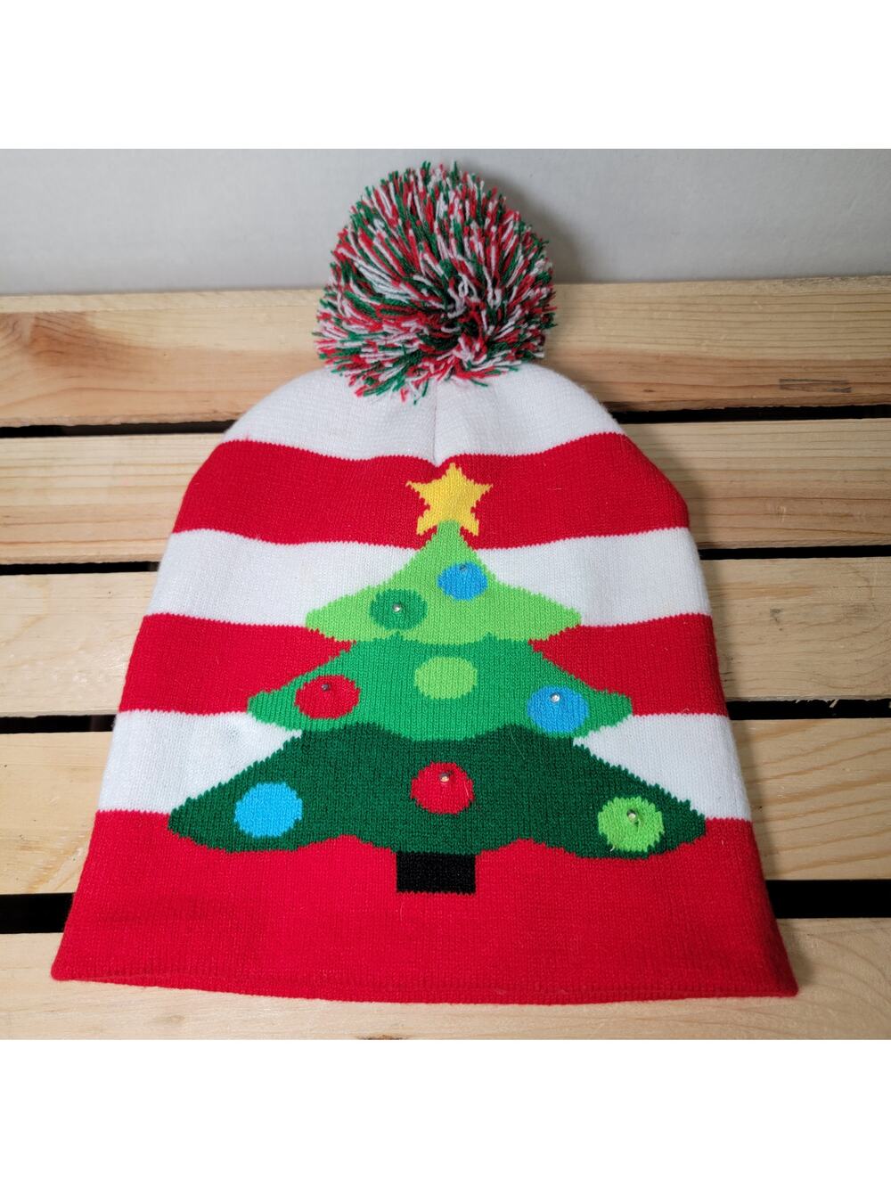Red & White Stripe Christmas Knit Hat w/ Lights & Pom